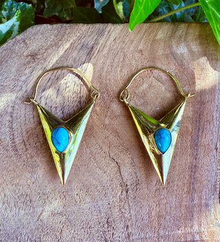 Turquoise & Brass Earrings / Triangle / Geometric / Tribal / Mandala / Ethnic / Rustic / Yoga / Boho / Bohemian / Festival Fashion / Gifts