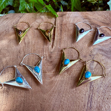 Turquoise & Silver Earrings / Triangle / Geometric / Tribal / Mandala / Ethnic / Rustic / Yoga / Boho / Bohemian / Festival Fashion / Gifts