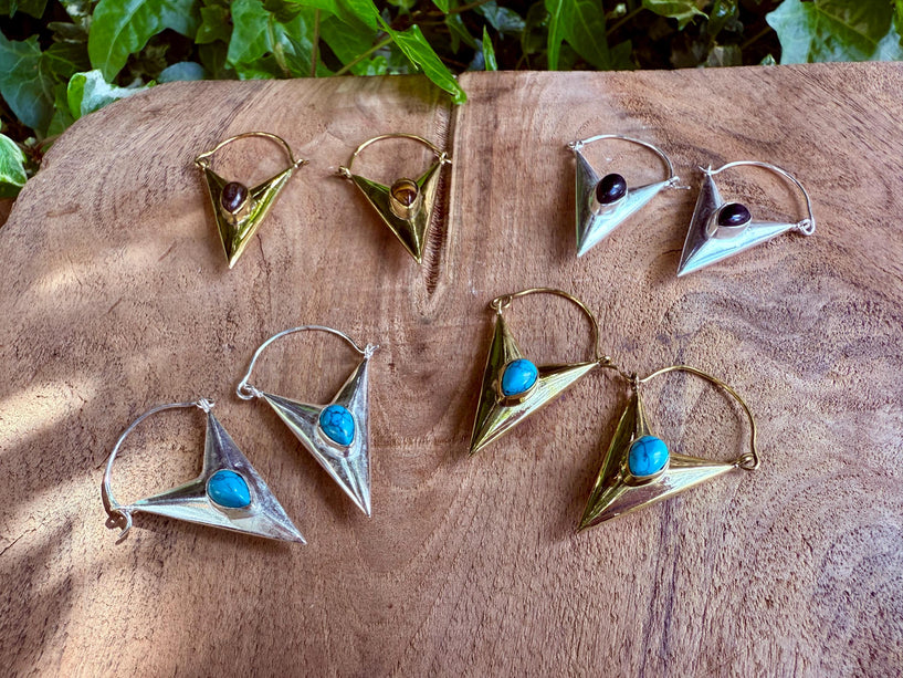 Turquoise & Silver Earrings / Triangle / Geometric / Tribal / Mandala / Ethnic / Rustic / Yoga / Boho / Bohemian / Festival Fashion / Gifts