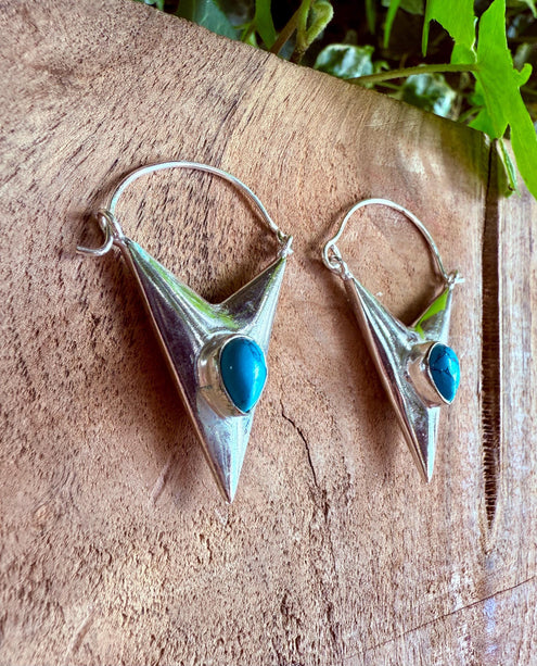 Turquoise & Silver Earrings / Triangle / Geometric / Tribal / Mandala / Ethnic / Rustic / Yoga / Boho / Bohemian / Festival Fashion / Gifts