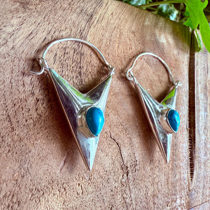 Turquoise & Silver Earrings / Triangle / Geometric / Tribal / Mandala / Ethnic / Rustic / Yoga / Boho / Bohemian / Festival Fashion / Gifts