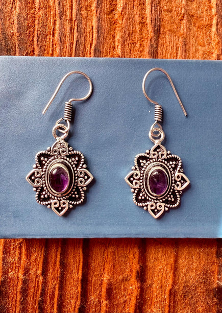 Amethyst Silver Earrings Small Dangle / Ethnic Jewellery / Rustic / Yoga / Hippie / Gypsy / Festival Fashion / Boho Look / Bohemian