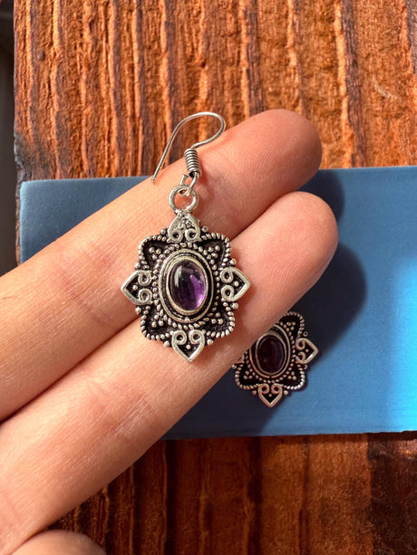 Amethyst Silver Earrings Small Dangle / Ethnic Jewellery / Rustic / Yoga / Hippie / Gypsy / Festival Fashion / Boho Look / Bohemian