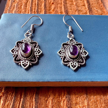 Amethyst Silver Earrings Small Dangle / Ethnic Jewellery / Rustic / Yoga / Hippie / Gypsy / Festival Fashion / Boho Look / Bohemian