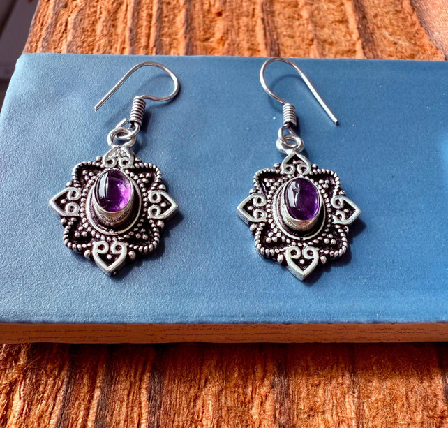 Amethyst Silver Earrings Small Dangle / Ethnic Jewellery / Rustic / Yoga / Hippie / Gypsy / Festival Fashion / Boho Look / Bohemian