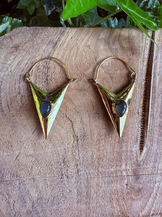 Labradorite & Brass Earrings / Triangle / Geometric / Tribal / Mandala / Ethnic / Rustic / Yoga / Boho / Bohemian / Festival Fashion
