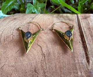 Labradorite & Brass Earrings / Triangle / Geometric / Tribal / Mandala / Ethnic / Rustic / Yoga / Boho / Bohemian / Festival Fashion