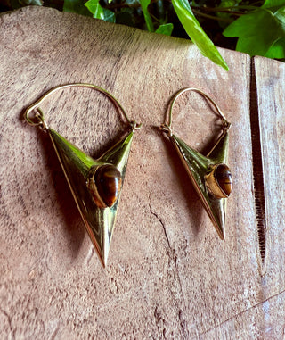 Tiger's Eye & Brass Earrings / Triangle / Geometric / Tribal / Mandala / Ethnic / Rustic / Yoga / Boho / Bohemian / Festival Fashion