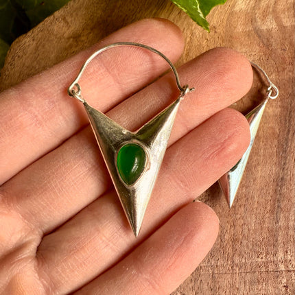 Green Onyx Silver Earrings / Triangle / Geometric / Tribal / Mandala / Ethnic / Rustic / Yoga / Boho / Bohemian / Festival Fashion / Gifts