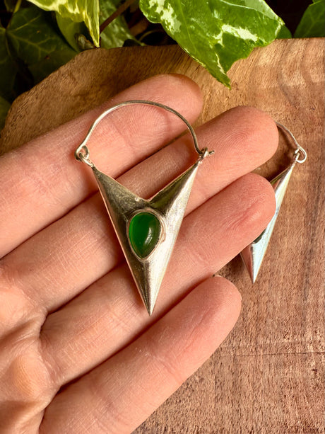 Green Onyx Silver Earrings / Triangle / Geometric / Tribal / Mandala / Ethnic / Rustic / Yoga / Boho / Bohemian / Festival Fashion / Gifts
