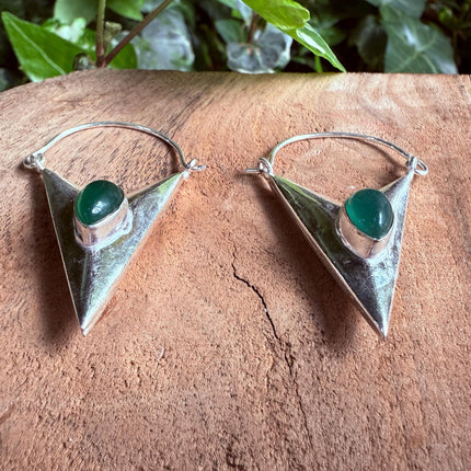 Green Onyx Silver Earrings / Triangle / Geometric / Tribal / Mandala / Ethnic / Rustic / Yoga / Boho / Bohemian / Festival Fashion / Gifts