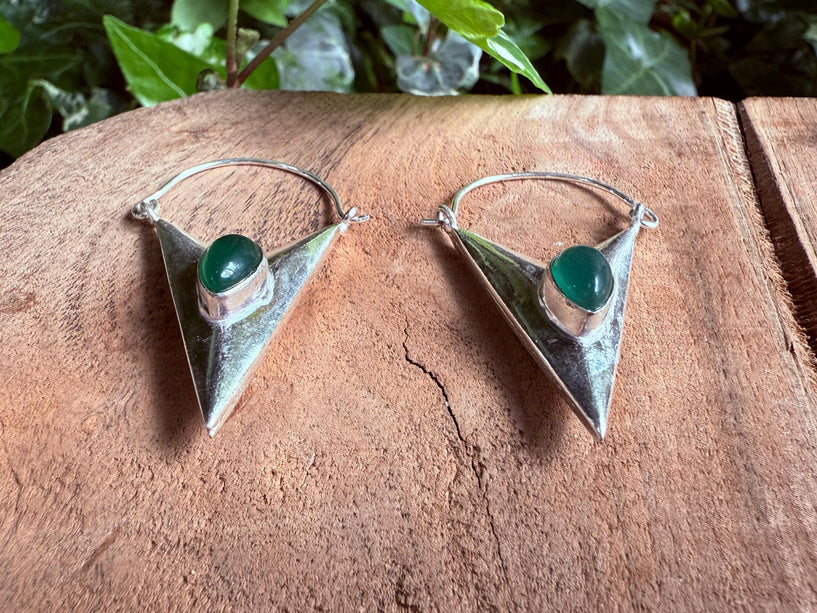 Green Onyx Silver Earrings / Triangle / Geometric / Tribal / Mandala / Ethnic / Rustic / Yoga / Boho / Bohemian / Festival Fashion / Gifts