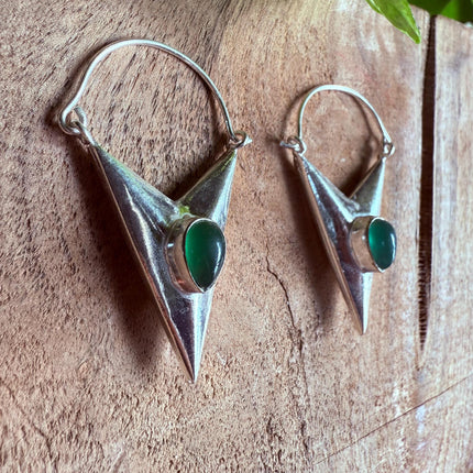 Green Onyx Silver Earrings / Triangle / Geometric / Tribal / Mandala / Ethnic / Rustic / Yoga / Boho / Bohemian / Festival Fashion / Gifts