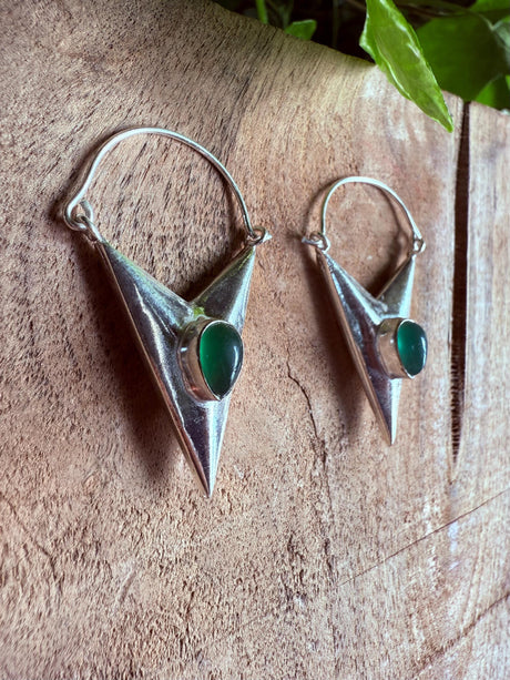 Green Onyx Silver Earrings / Triangle / Geometric / Tribal / Mandala / Ethnic / Rustic / Yoga / Boho / Bohemian / Festival Fashion / Gifts
