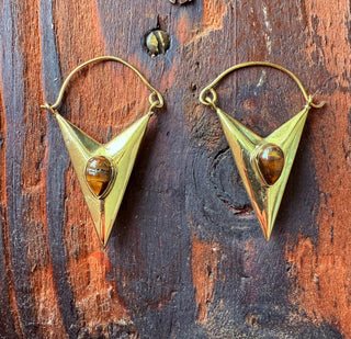 Tiger's Eye & Brass Earrings / Triangle / Geometric / Tribal / Mandala / Ethnic / Rustic / Yoga / Boho / Bohemian / Festival Fashion
