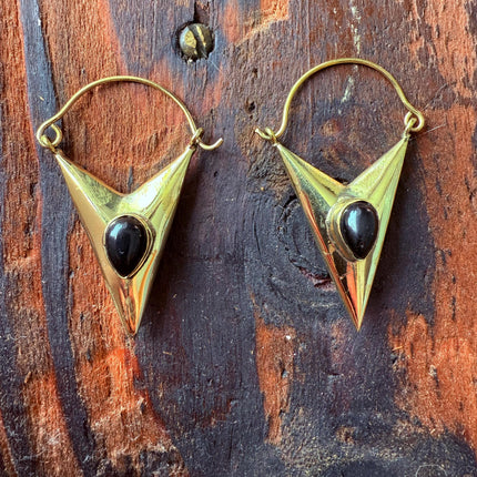 Black Onyx & Brass Earrings / Triangle / Geometric / Tribal / Mandala / Ethnic / Rustic / Yoga / Boho / Bohemian / Festival Fashion