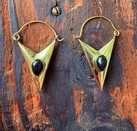 Black Onyx & Brass Earrings / Triangle / Geometric / Tribal / Mandala / Ethnic / Rustic / Yoga / Boho / Bohemian / Festival Fashion