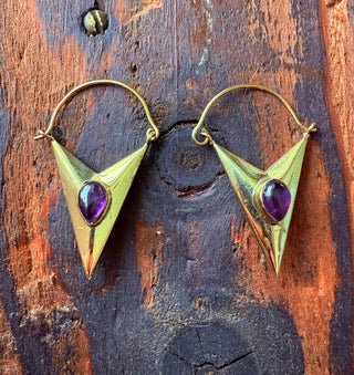 Amethyst & Brass Earrings / Triangle / Geometric / Tribal / Mandala / Ethnic / Rustic / Yoga / Boho / Bohemian / Festival Fashion