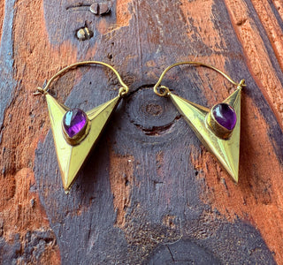 Amethyst & Brass Earrings / Triangle / Geometric / Tribal / Mandala / Ethnic / Rustic / Yoga / Boho / Bohemian / Festival Fashion