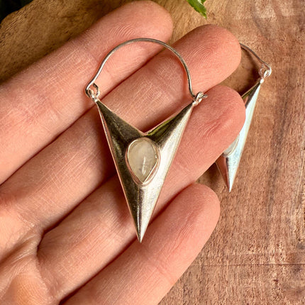 Moonstone Silver Earrings / Triangle / Geometric / Tribal / Mandala / Ethnic / Rustic / Yoga / Boho / Bohemian / Festival Fashion / Gifts