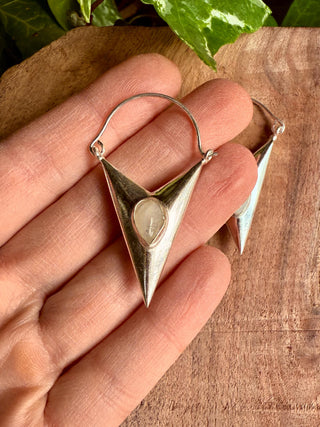 Moonstone Silver Earrings / Triangle / Geometric / Tribal / Mandala / Ethnic / Rustic / Yoga / Boho / Bohemian / Festival Fashion / Gifts