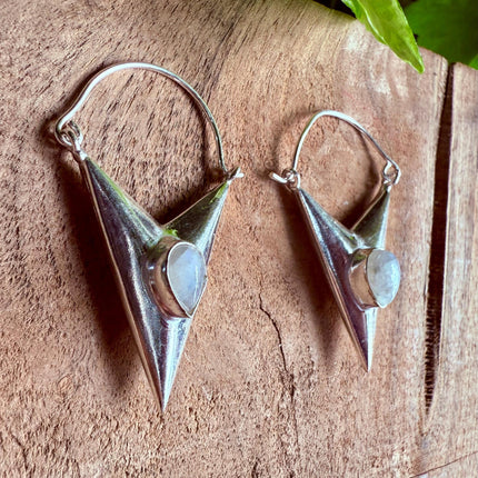 Moonstone Silver Earrings / Triangle / Geometric / Tribal / Mandala / Ethnic / Rustic / Yoga / Boho / Bohemian / Festival Fashion / Gifts