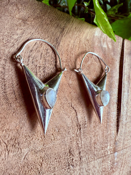 Moonstone Silver Earrings / Triangle / Geometric / Tribal / Mandala / Ethnic / Rustic / Yoga / Boho / Bohemian / Festival Fashion / Gifts