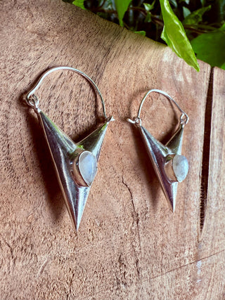 Moonstone Silver Earrings / Triangle / Geometric / Tribal / Mandala / Ethnic / Rustic / Yoga / Boho / Bohemian / Festival Fashion / Gifts
