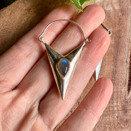 Labradorite Silver Earrings / Triangle / Geometric / Tribal / Mandala / Ethnic / Rustic / Yoga / Boho / Bohemian / Festival Fashion / Gifts