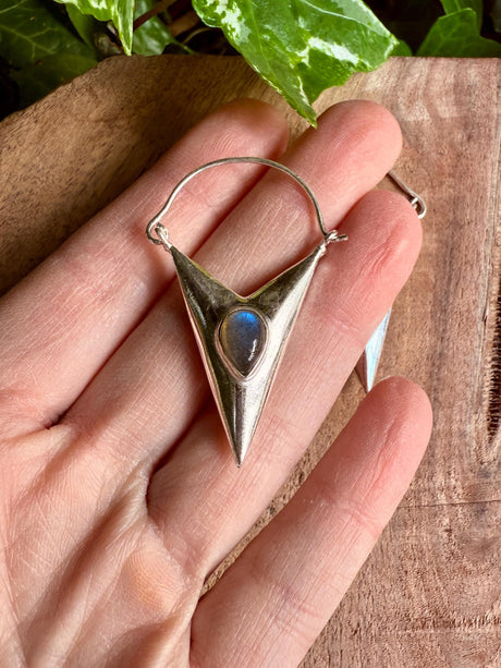 Labradorite Silver Earrings / Triangle / Geometric / Tribal / Mandala / Ethnic / Rustic / Yoga / Boho / Bohemian / Festival Fashion / Gifts