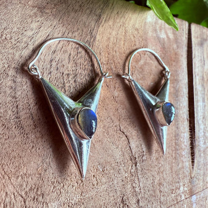 Labradorite Silver Earrings / Triangle / Geometric / Tribal / Mandala / Ethnic / Rustic / Yoga / Boho / Bohemian / Festival Fashion / Gifts