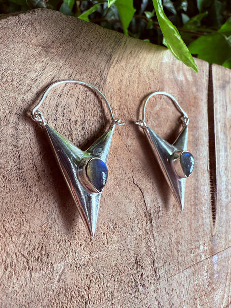 Labradorite Silver Earrings / Triangle / Geometric / Tribal / Mandala / Ethnic / Rustic / Yoga / Boho / Bohemian / Festival Fashion / Gifts