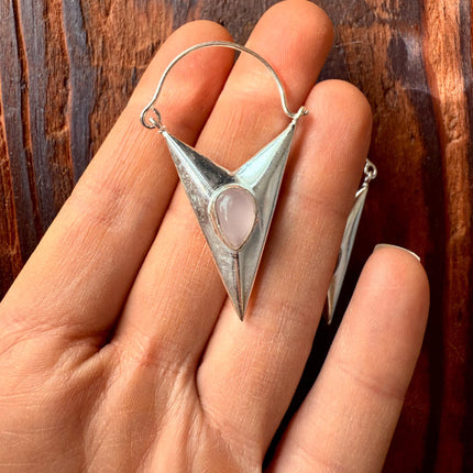 Rose Quartz Silver Earrings / Triangle / Geometric / Tribal / Mandala / Ethnic / Rustic / Yoga / Boho / Bohemian / Festival Fashion / Gifts