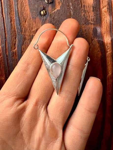 Rose Quartz Silver Earrings / Triangle / Geometric / Tribal / Mandala / Ethnic / Rustic / Yoga / Boho / Bohemian / Festival Fashion / Gifts
