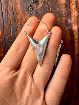 Rose Quartz Silver Earrings / Triangle / Geometric / Tribal / Mandala / Ethnic / Rustic / Yoga / Boho / Bohemian / Festival Fashion / Gifts