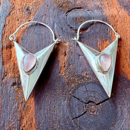 Rose Quartz Silver Earrings / Triangle / Geometric / Tribal / Mandala / Ethnic / Rustic / Yoga / Boho / Bohemian / Festival Fashion / Gifts