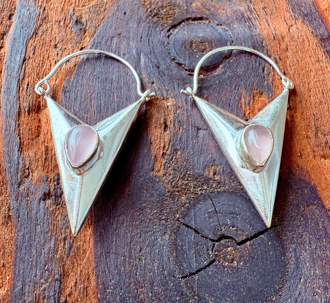 Rose Quartz Silver Earrings / Triangle / Geometric / Tribal / Mandala / Ethnic / Rustic / Yoga / Boho / Bohemian / Festival Fashion / Gifts