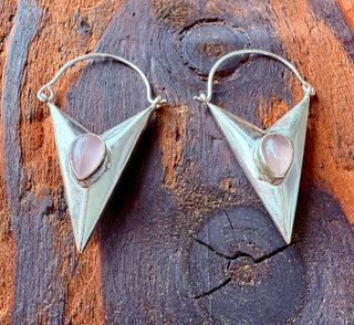 Rose Quartz Silver Earrings / Triangle / Geometric / Tribal / Mandala / Ethnic / Rustic / Yoga / Boho / Bohemian / Festival Fashion / Gifts