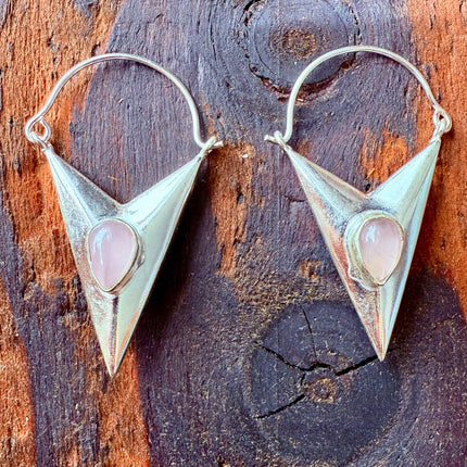 Rose Quartz Silver Earrings / Triangle / Geometric / Tribal / Mandala / Ethnic / Rustic / Yoga / Boho / Bohemian / Festival Fashion / Gifts