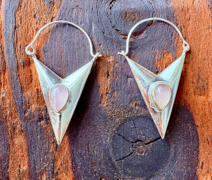 Rose Quartz Silver Earrings / Triangle / Geometric / Tribal / Mandala / Ethnic / Rustic / Yoga / Boho / Bohemian / Festival Fashion / Gifts