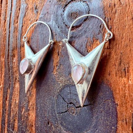 Rose Quartz Silver Earrings / Triangle / Geometric / Tribal / Mandala / Ethnic / Rustic / Yoga / Boho / Bohemian / Festival Fashion / Gifts