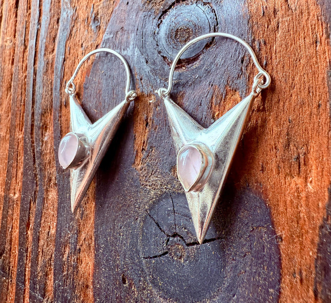 Rose Quartz Silver Earrings / Triangle / Geometric / Tribal / Mandala / Ethnic / Rustic / Yoga / Boho / Bohemian / Festival Fashion / Gifts