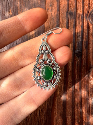 Silver Pendant Earrings Green Onyx / Boho Jewelery / Birth Stone / Ethnic / Rustic / Yoga / Hippie / Bohemian Look / Festival Fashion