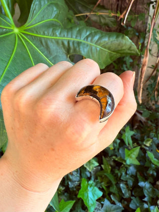 Crescent Moon Tiger's Eye Silver Ring / Boho Jewellery / Spiritual Gift for Her / Women's Ring / Astrology Jewelery / Meditation / Yoga