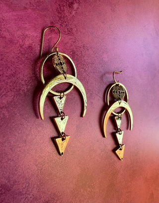 Celestial Moon Statement Brass Earrings / Geometric / Ethnic / Boho / Steampunk / Bohemian /Festival Fashion / Tribal / Gift For Her