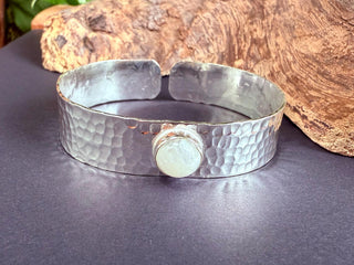 Moonstone Hammered Silver Bracelet / Adjustable / Bohemian Jewellery / Ethnic Style / Rustic / Boho / Gift for Her / Artisanal /