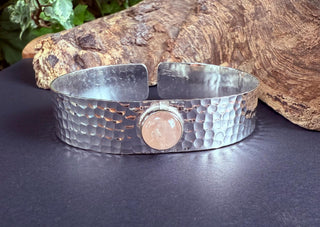 Hammered Silver Bracelet Rose Quartz / Adjustable / Bohemian Jewellery / Ethnic Style / Rustic / Boho / Gift for Her / Artisanal /