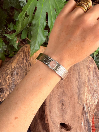 Hammered Silver Bracelet Rose Quartz / Adjustable / Bohemian Jewellery / Ethnic Style / Rustic / Boho / Gift for Her / Artisanal /