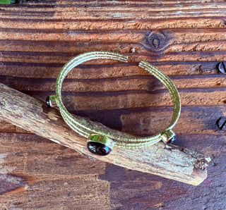 Triple Stone Black Onyx Hammered Brass Bracelet / Adjustable / Bohemian Jewellery / Ethnic Style / Rustic / Boho / Gift for Her / Artisanal
