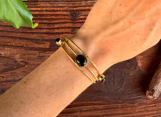 Triple Stone Black Onyx Hammered Brass Bracelet / Adjustable / Bohemian Jewellery / Ethnic Style / Rustic / Boho / Gift for Her / Artisanal